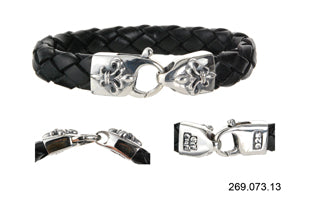 Silver Leather Bracelet LOBSTER CLAW and CROSS LILY 13