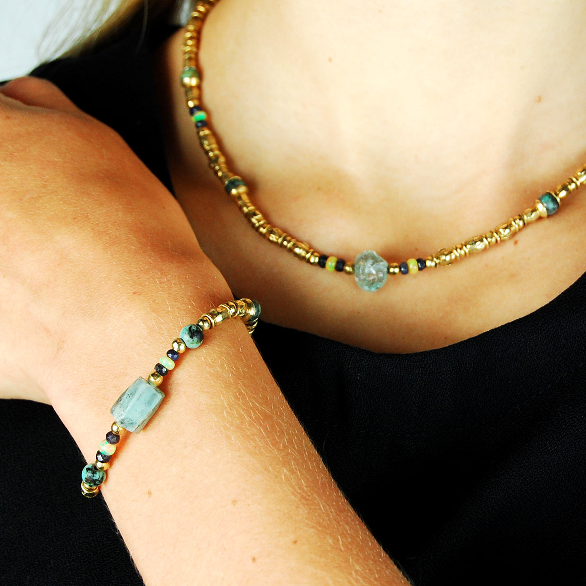 Silver Bracelet GOLD PLATED ROUGH TUBES and STONE ROCK and Fine Stones