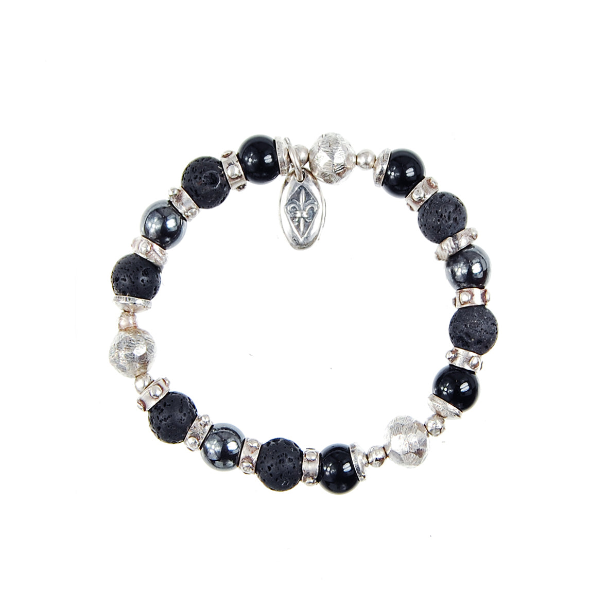 Silver and Beads Bracelet with FACETED SILVER BALLS on Rubber