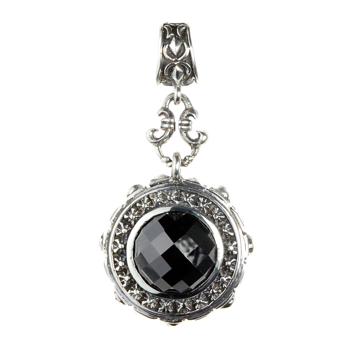 Silver Pendant Round with Pyramides Sides and M-Stars Top
