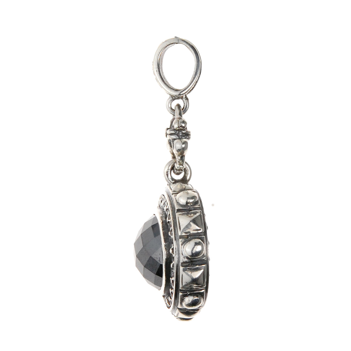 Silver Pendant Round with Pyramides Sides and M-Stars Top