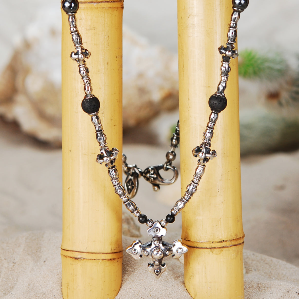 Silver Necklace Tubes with BLADES CROSS Body and Beads and Blades Cross Balls