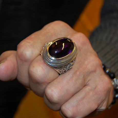 Silver Ring Elfin Oval GARDEN AT NIGHT Stone Cabochon