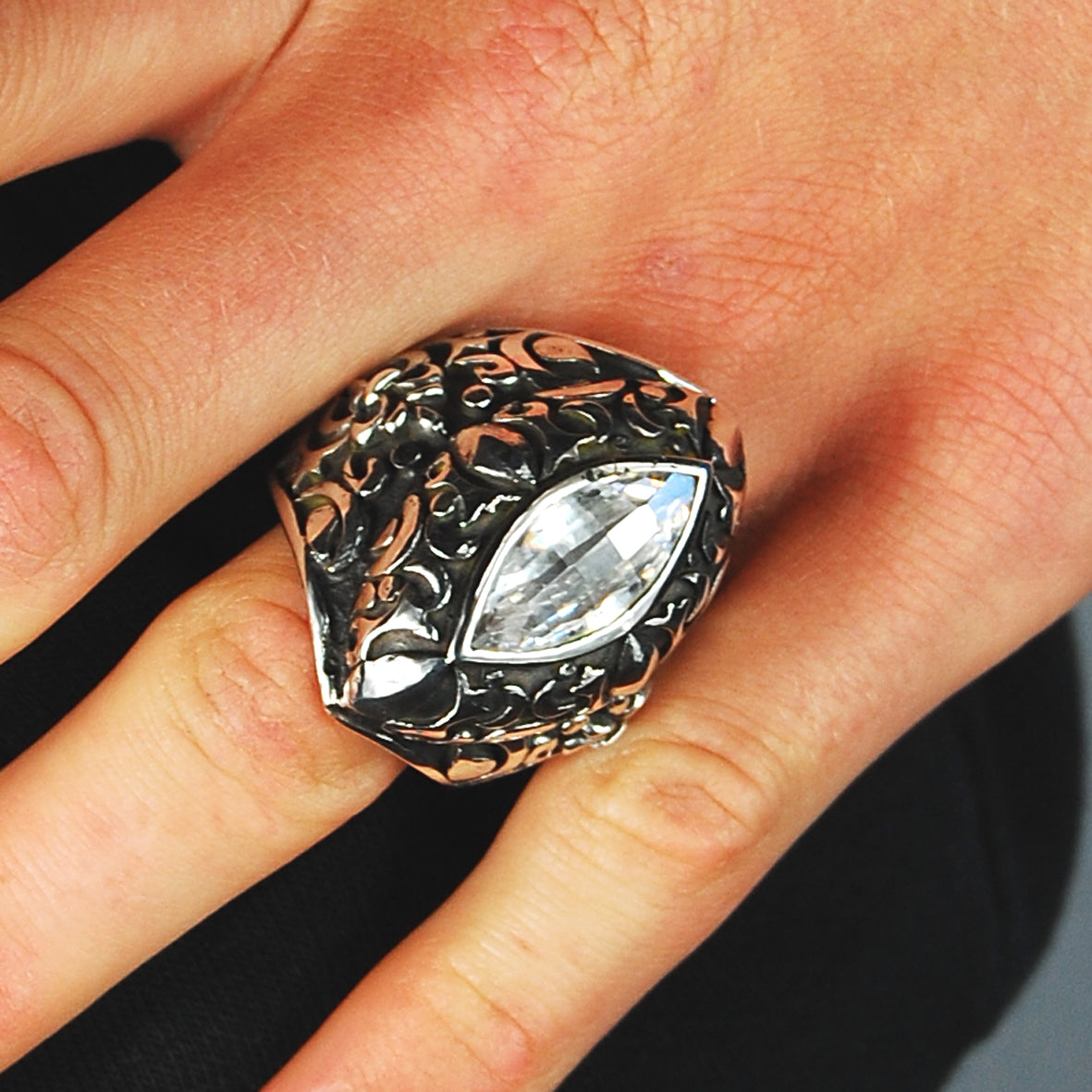 Silver Ring NAVETTE Stone GARDEN AT NIGHT Holder and Band