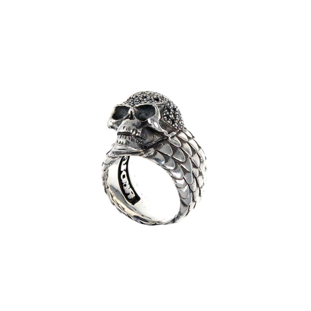 Silberner Ring mit Totenkopf- im schwarzen Pave und Drachenschuppen-Band