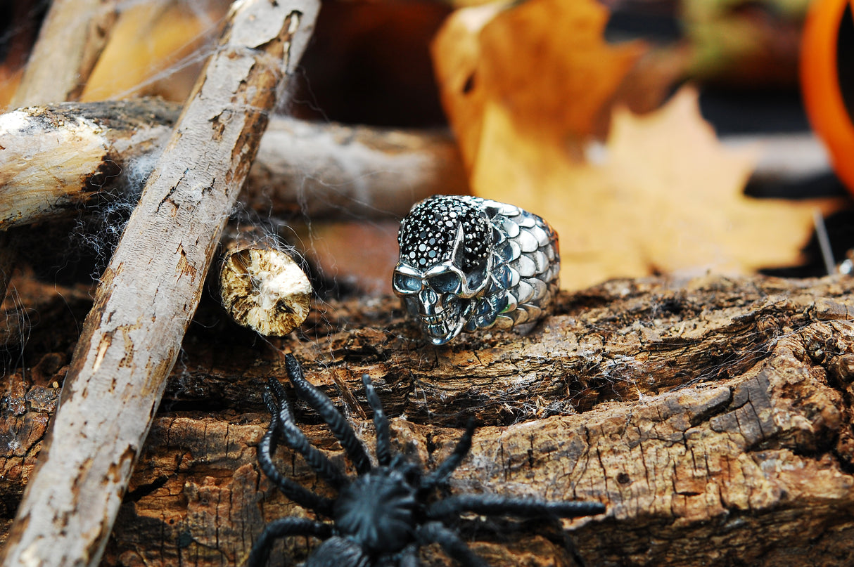 Silver Ring SKULL Pave and DRAGON SCALES Band