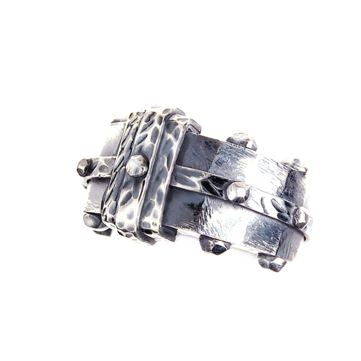 Silver Ring BOUND Faceted Body Rivets Hammered Bands