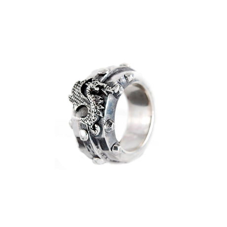 Silver Ring DRAGON FIRE Faceted Body Rivets Hammered Bands