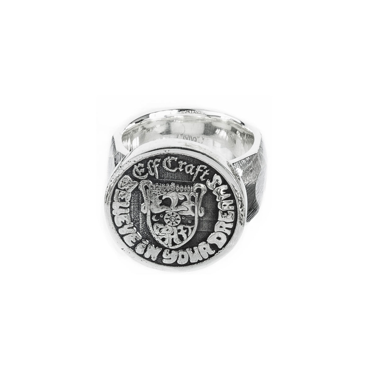 Silver Ring SHIELD Coin on Faceted Band