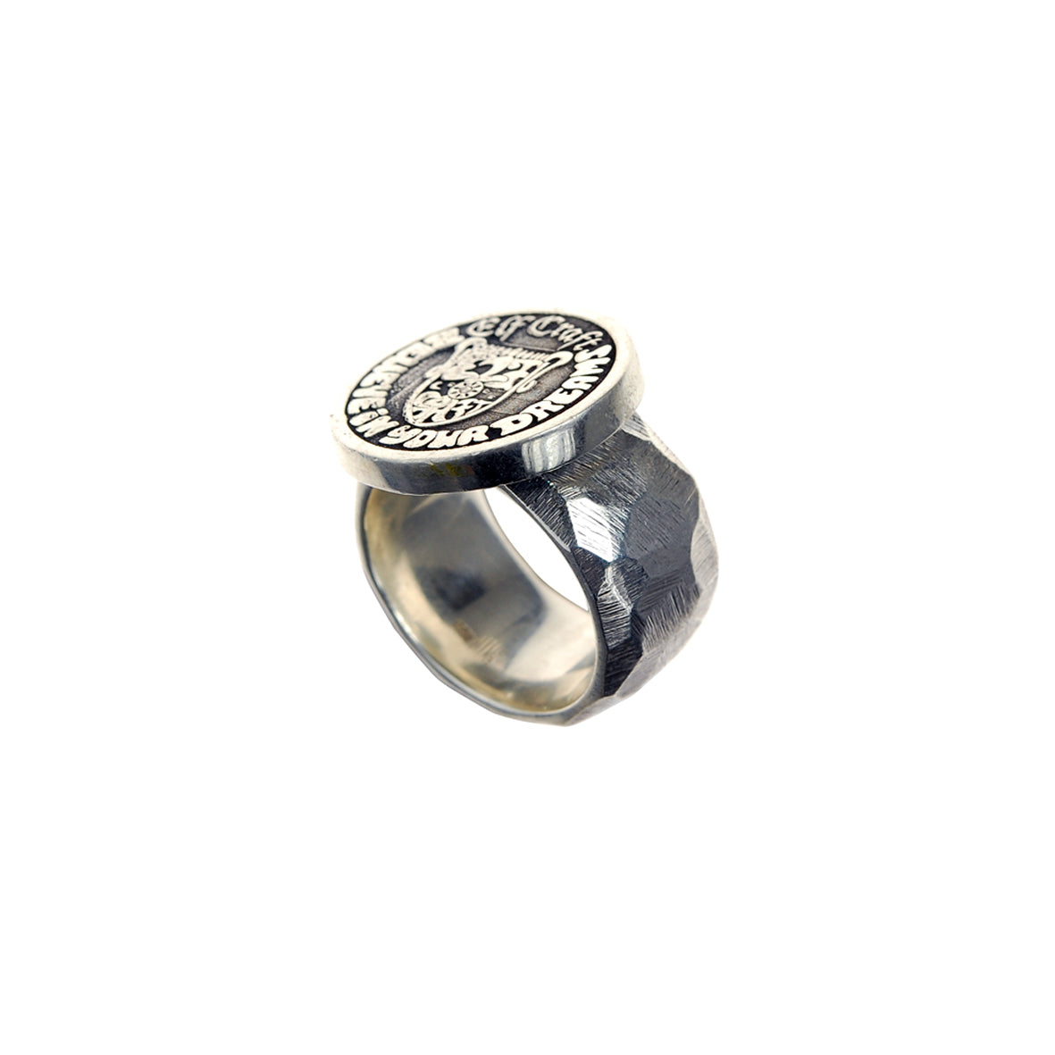 Silver Ring SHIELD Coin on Faceted Band
