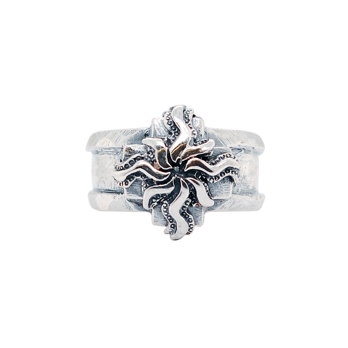 Silver Ring Greek Cross with Elfin SUN on Stripe Band