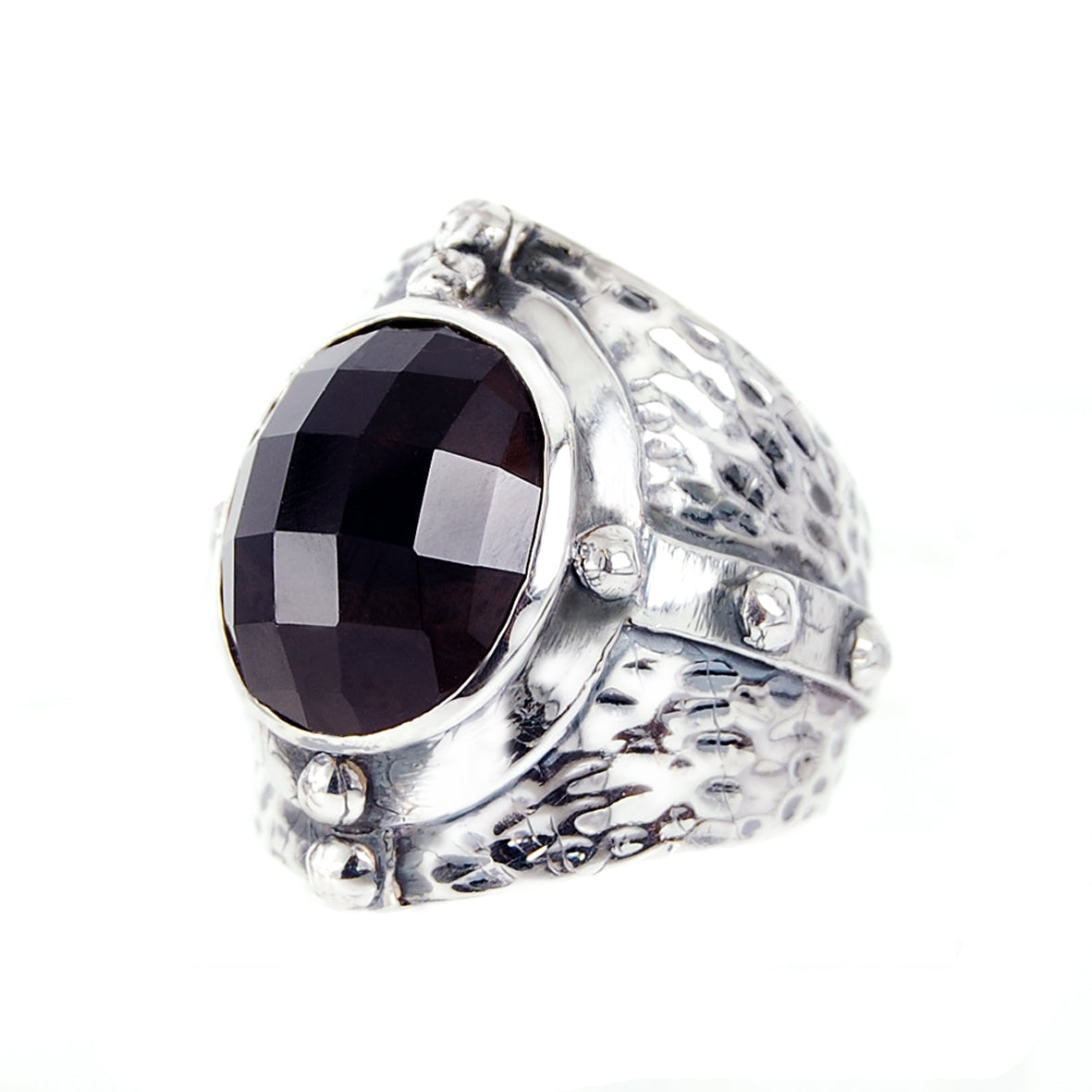 Silver Ring MID AGE Hammered Faceted Oval Framed Stone