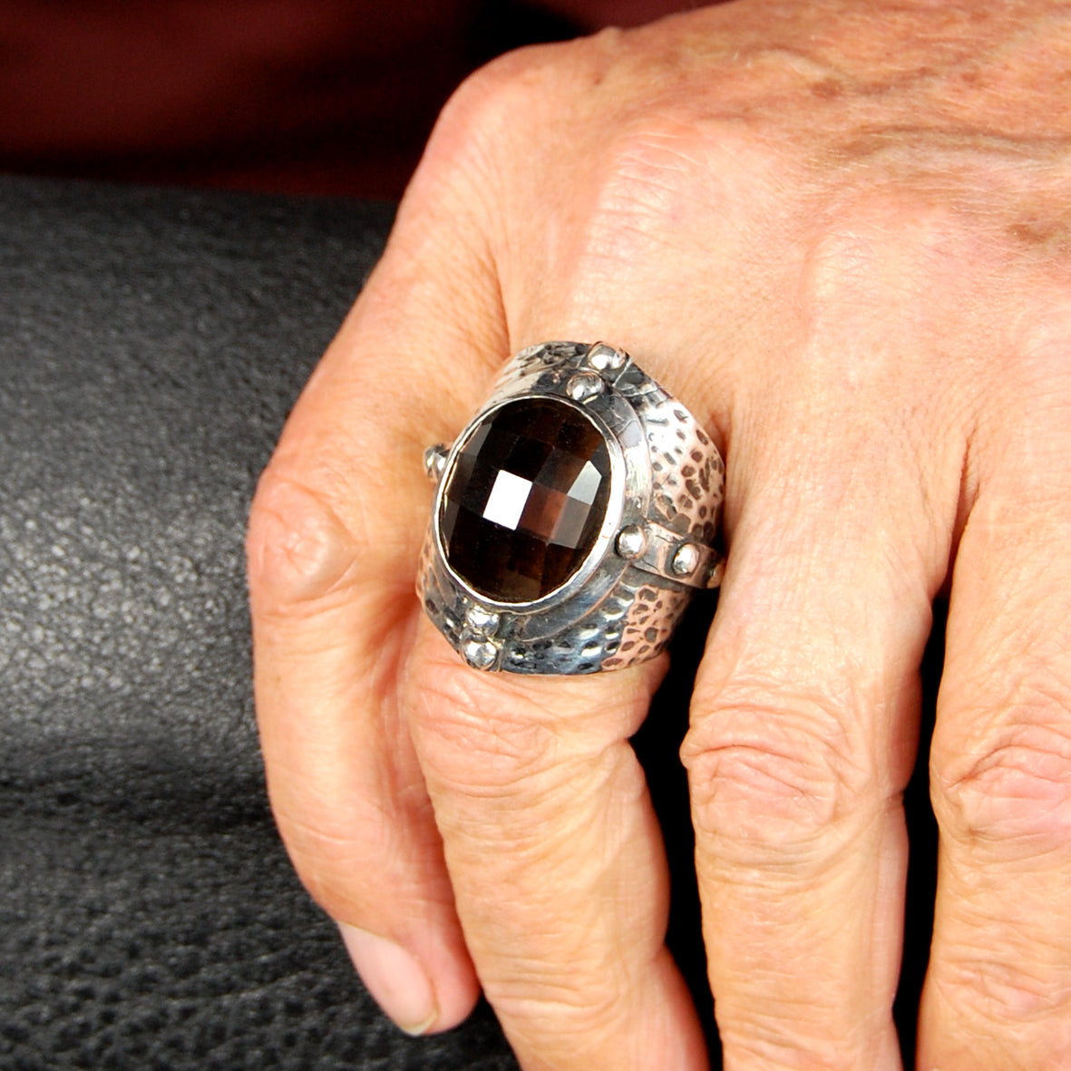 Silver Ring MID AGE Hammered Faceted Oval Framed Stone