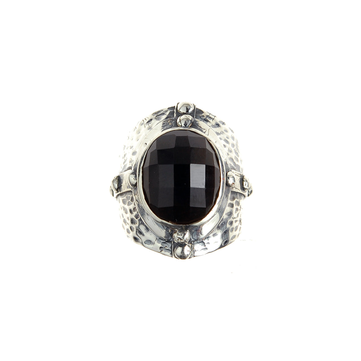 Silver Ring MID AGE Hammered Faceted Oval Framed Stone