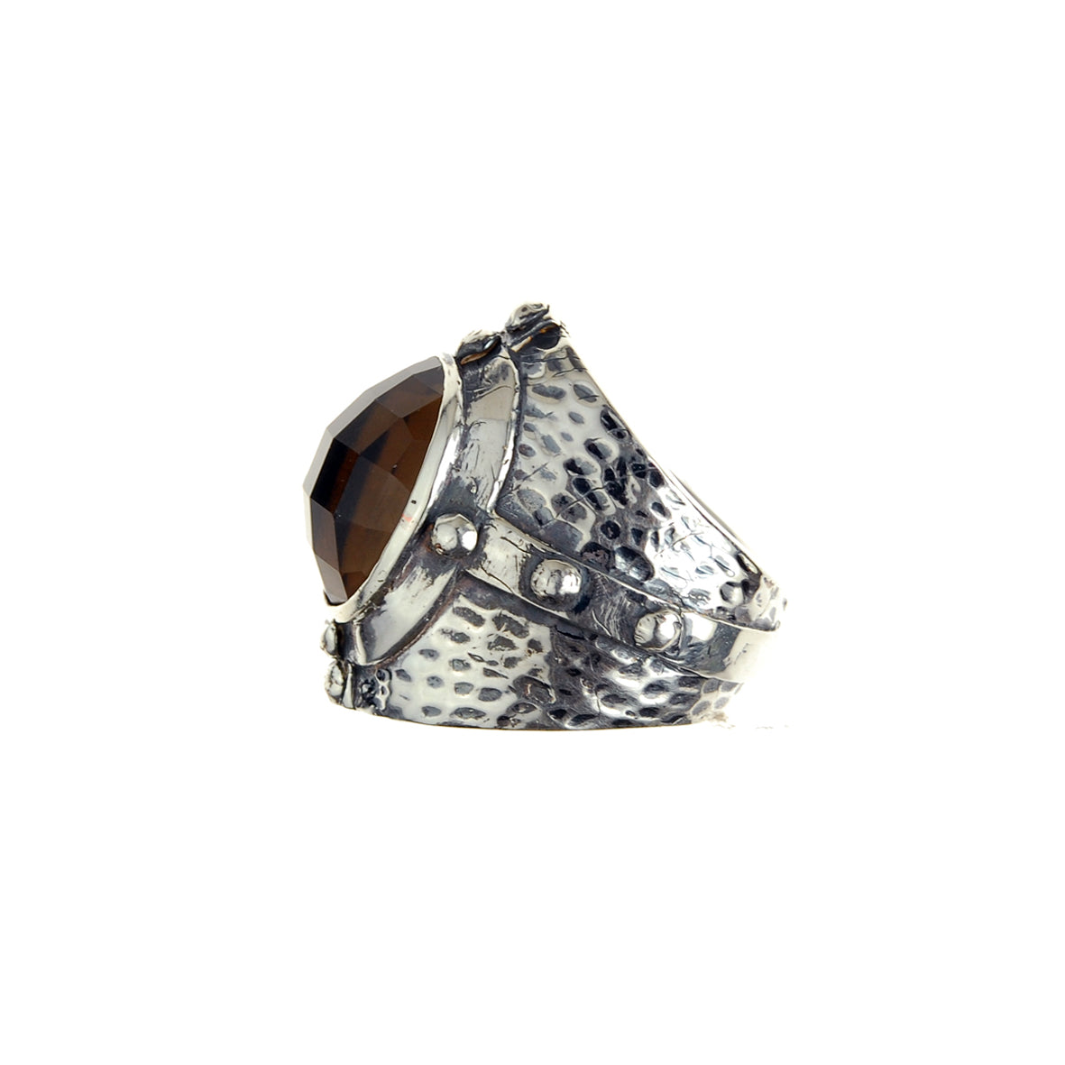 Silver Ring MID AGE Hammered Faceted Oval Framed Stone