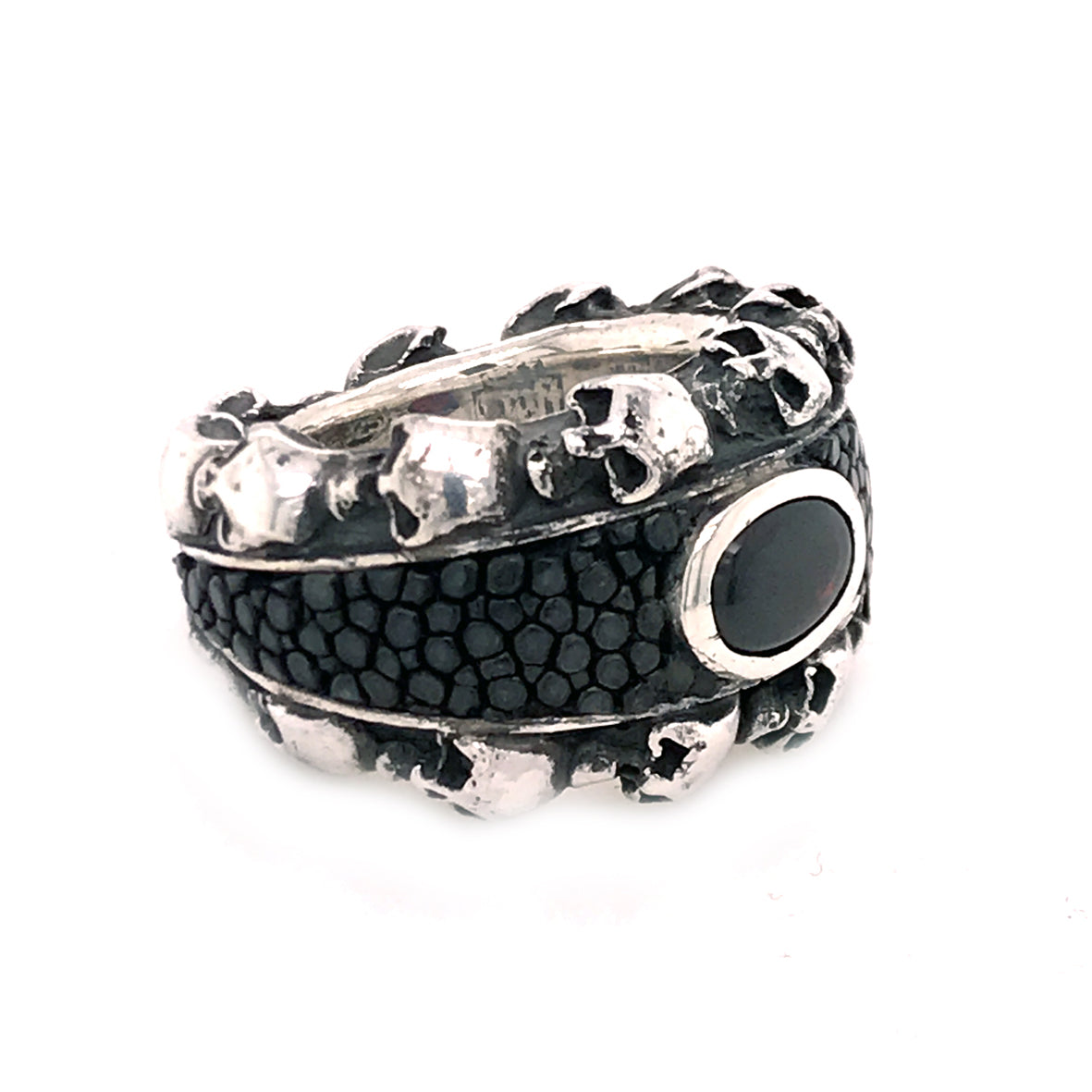 Silver Ring Oval Stone and SKULLS Frame with Searay Leather Band