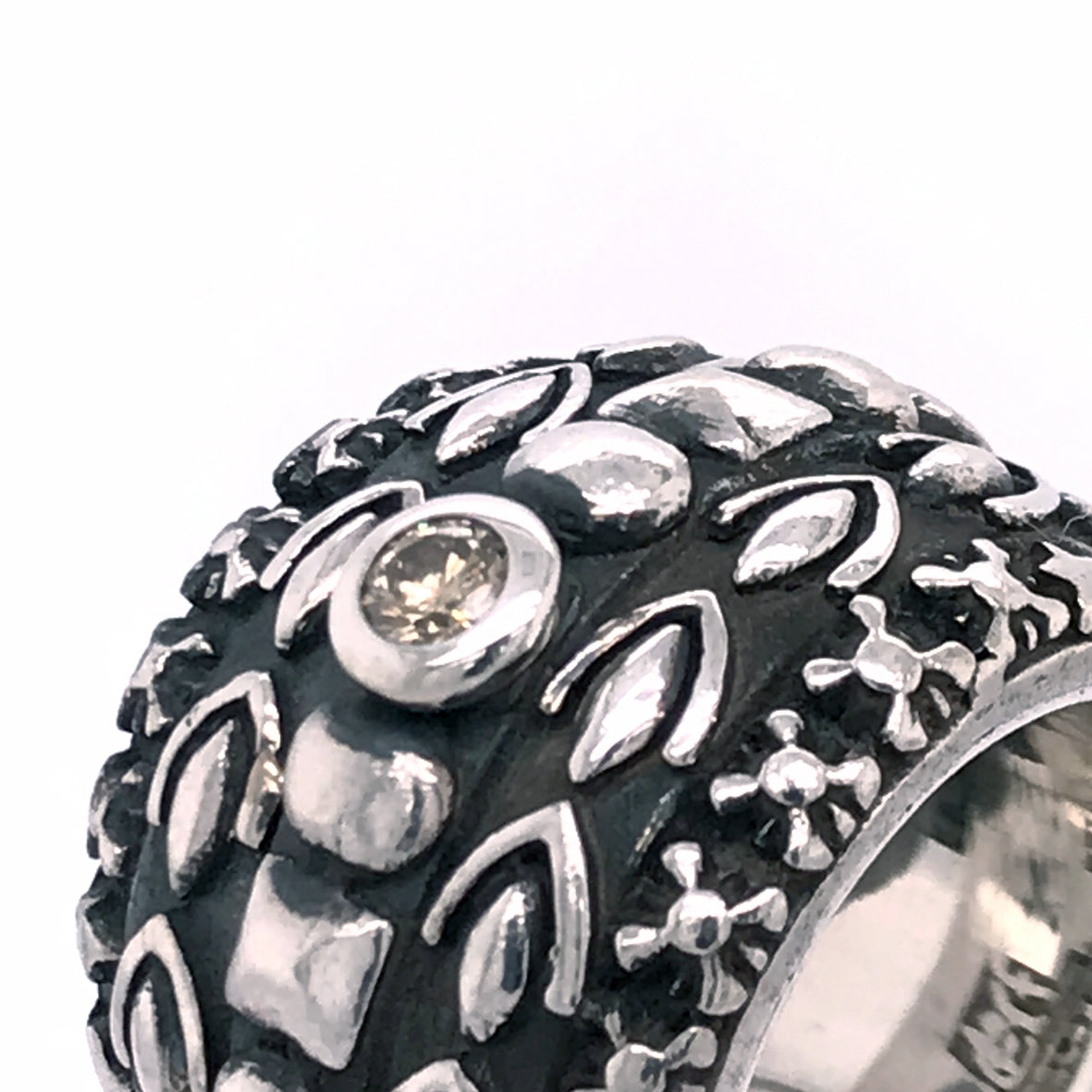 Silver Ring Solid Bands with GARDEN AT NIGHT and DIAMOND