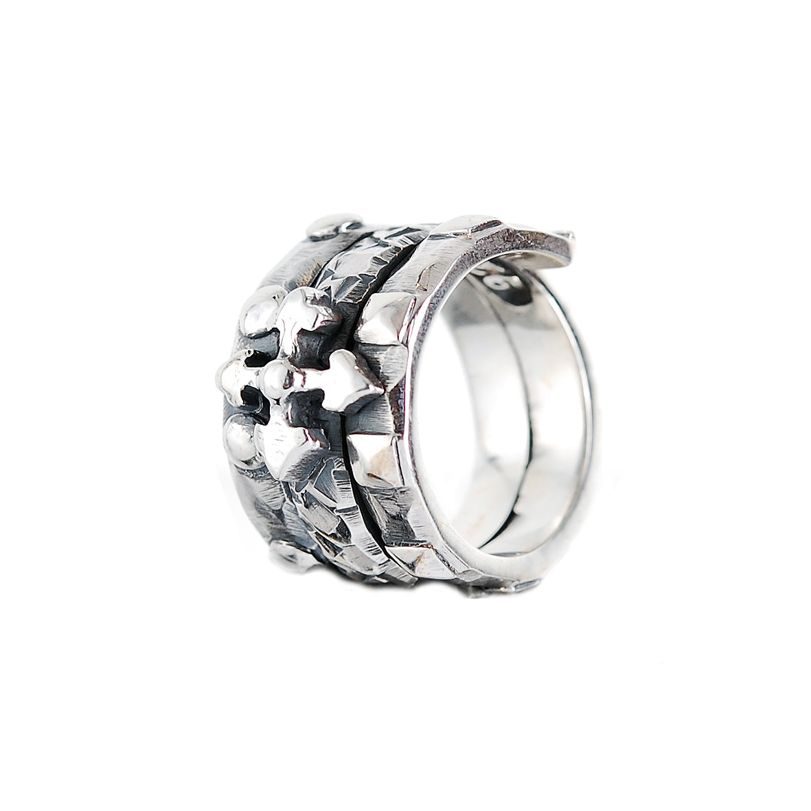 Silver Ring Spiral with BLADES CROSS and Faceted Band Pyramides and Domes
