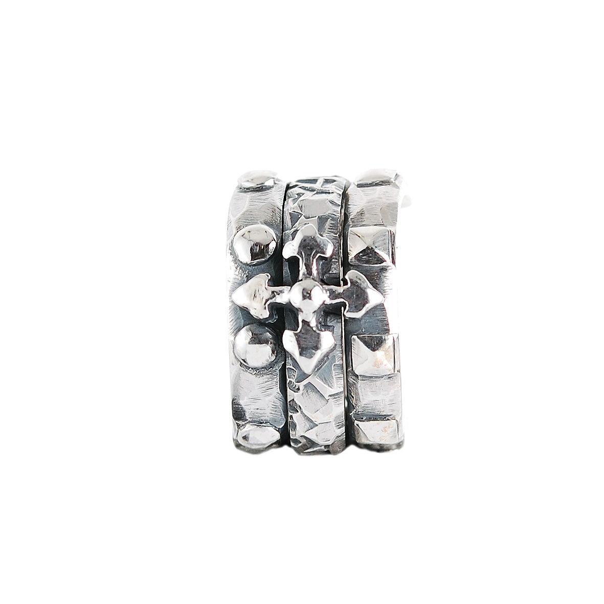 Silver Ring Spiral with BLADES CROSS and Faceted Band Pyramides and Domes