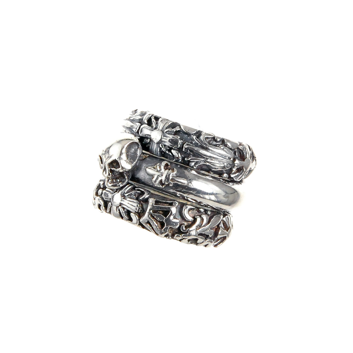 Silver Ring Spiral SKULL and LILIES with GARDEN AT NIGHT