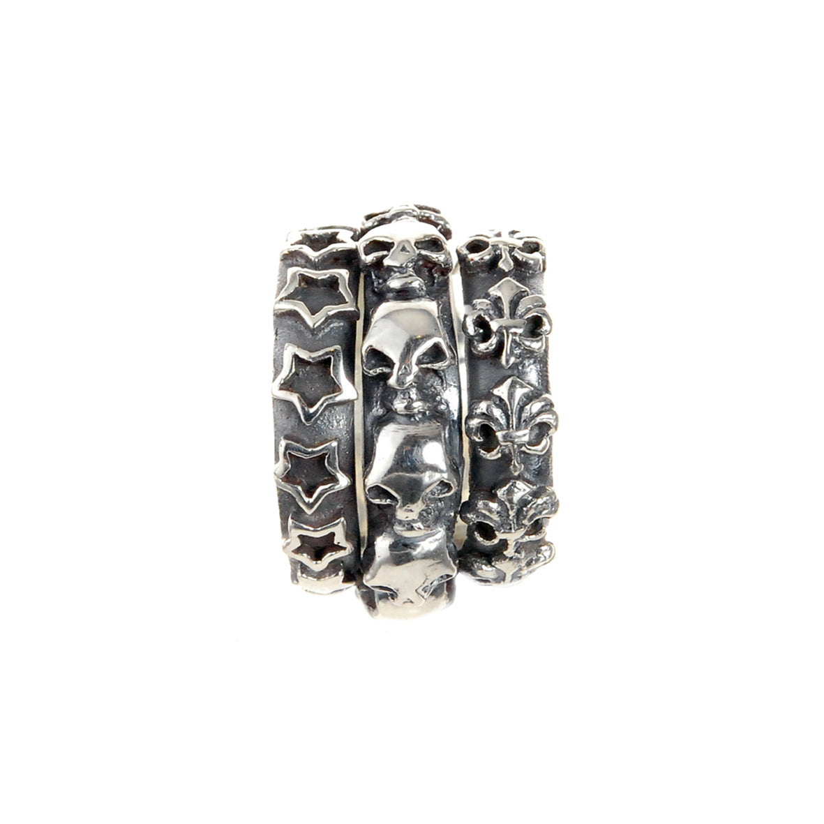 Silver Ring Spiral SKULLS ROW Lilies and Stars