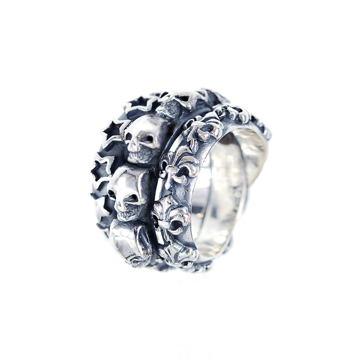 Silver Ring Spiral SKULLS ROW Lilies and Stars