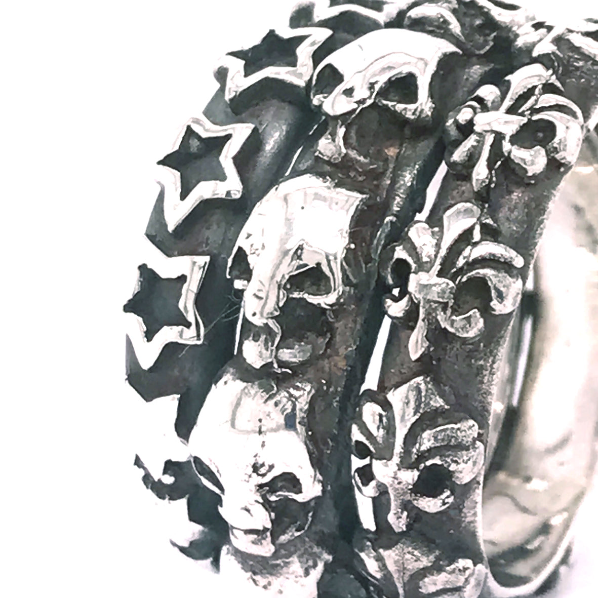 Silver Ring Spiral SKULLS ROW Lilies and Stars
