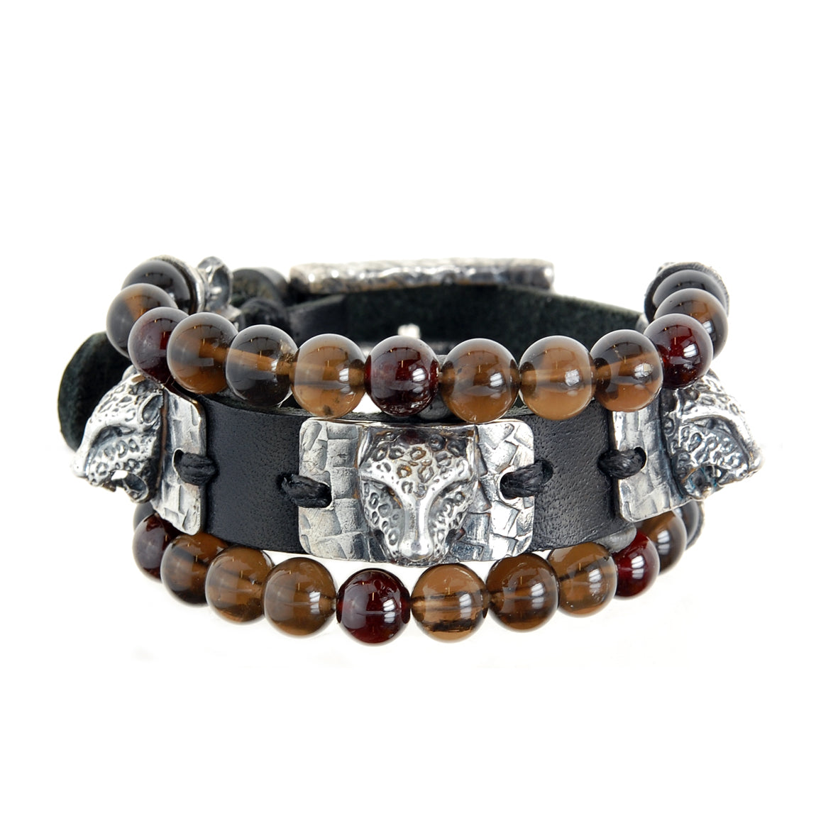 Silver Leather and Beads Bracelet with Silver Plates with LEOPARD HEADS