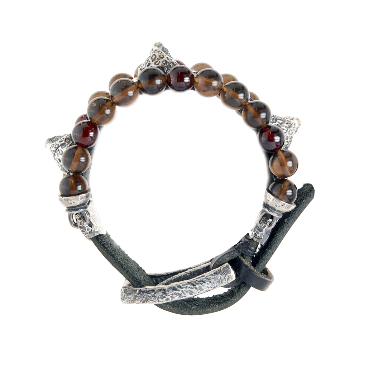 Silver Leather and Beads Bracelet with Silver Plates with LEOPARD HEADS