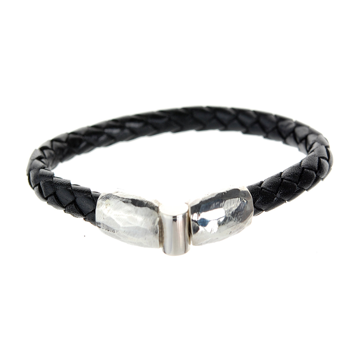 Silver Leather Bracelet PLAIN Jointlock Faceted 7