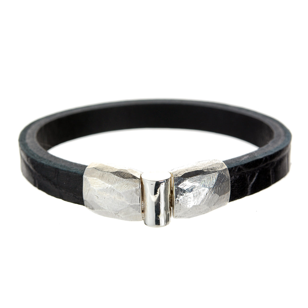 Silver Leather Bracelet PLAIN Jointlock Faceted 10