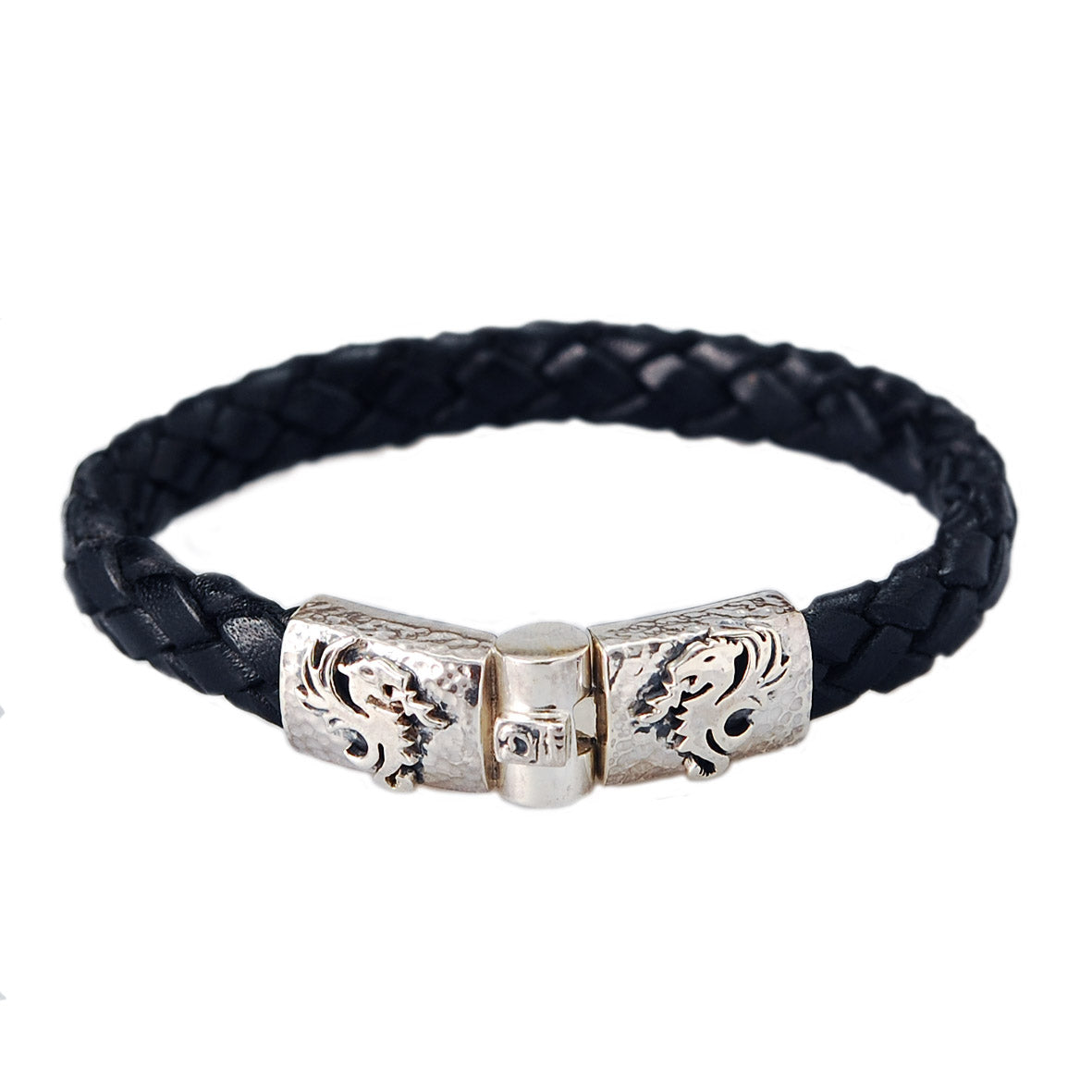 Silver Leather Bracelet DRAGON FIRE Jointlock Hammered 10