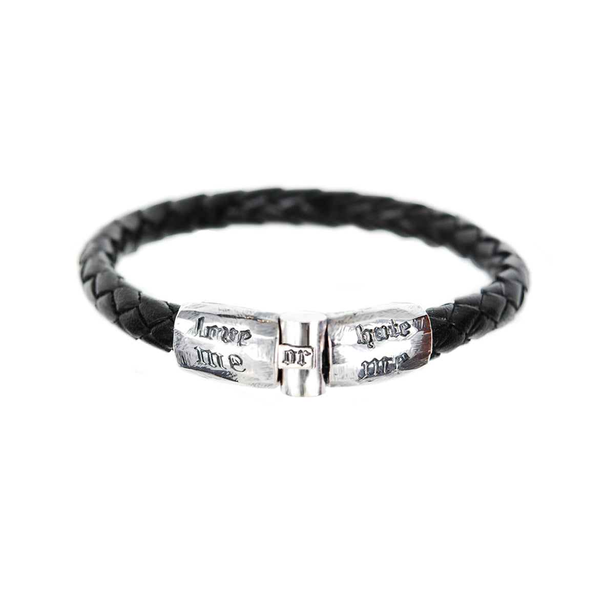 Silver-Leather Bracelet LOVE ME or HATE ME Jointlock Faceted 6