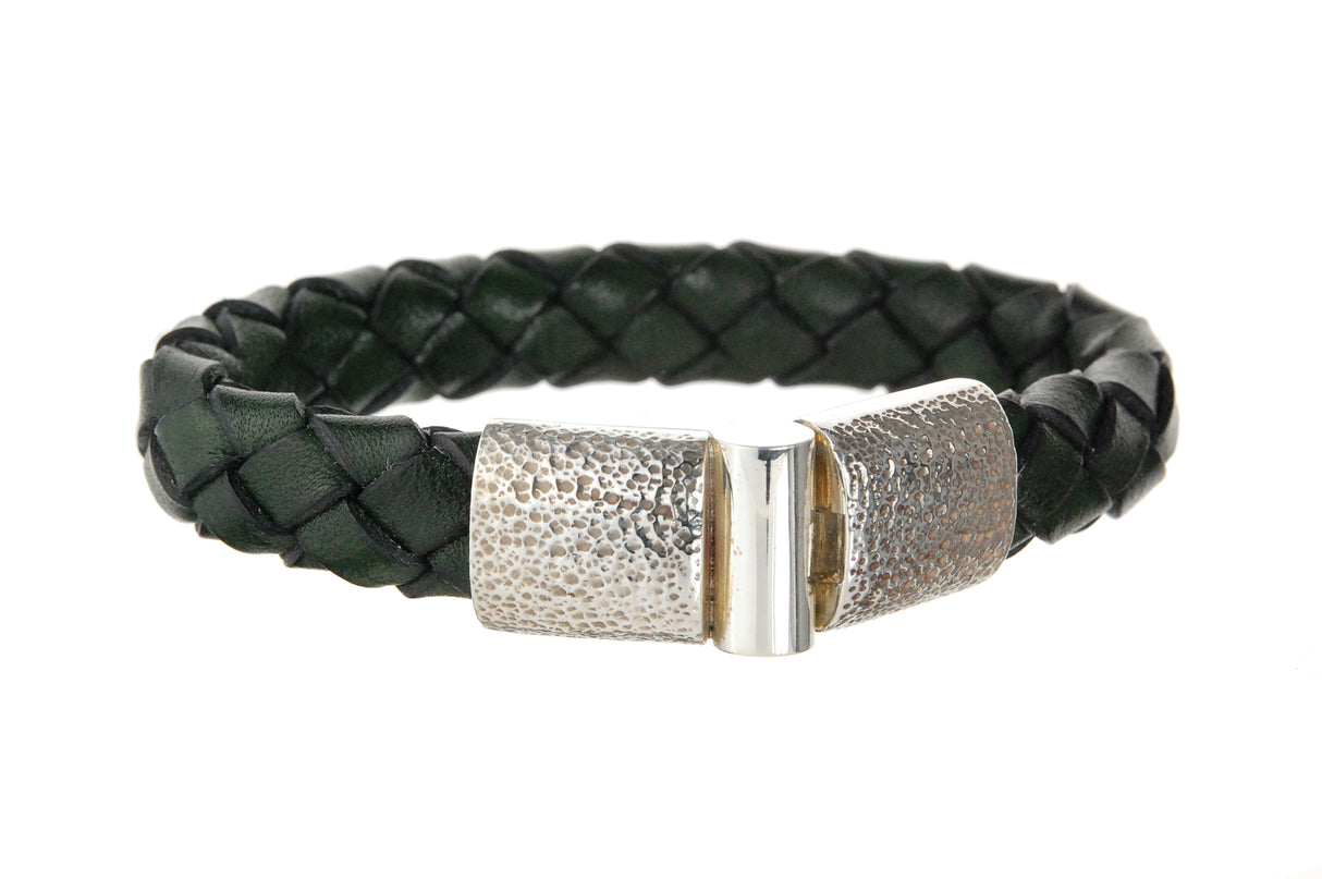 Silver Leather Bracelet PLAIN Hammered Jointlock 13