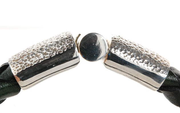 Silver Leather Bracelet PLAIN Hammered Jointlock 13