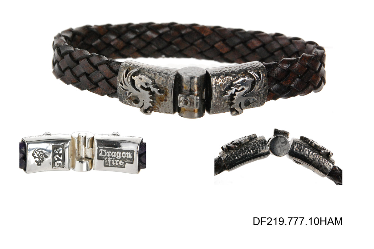 Silver Leather Bracelet DRAGON FIRE Jointlock Hammered 10