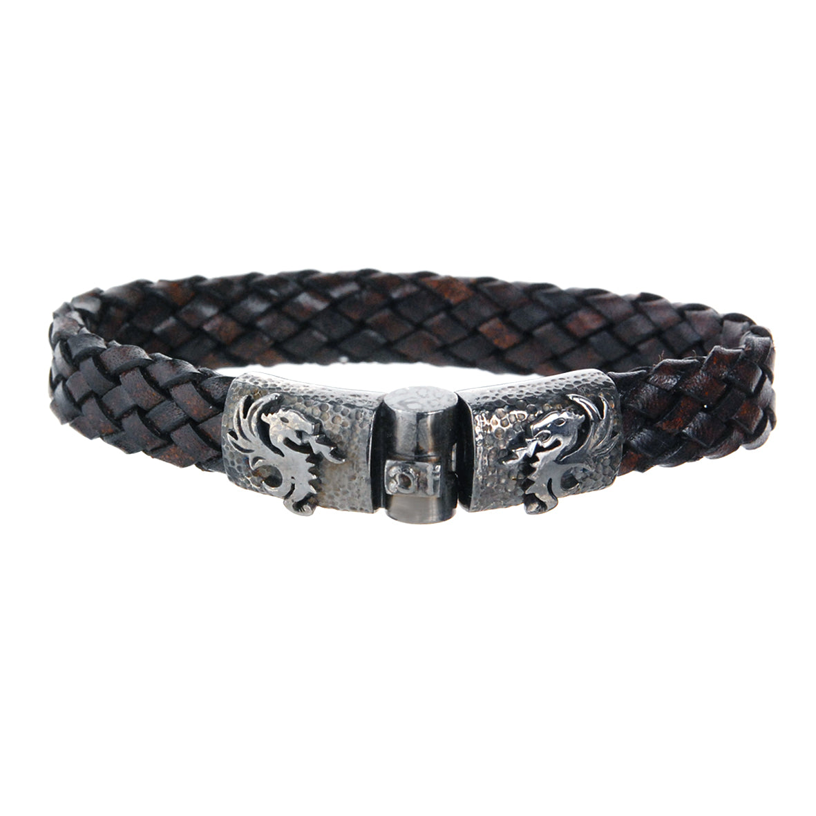 Silver Leather Bracelet DRAGON FIRE Jointlock Hammered 10