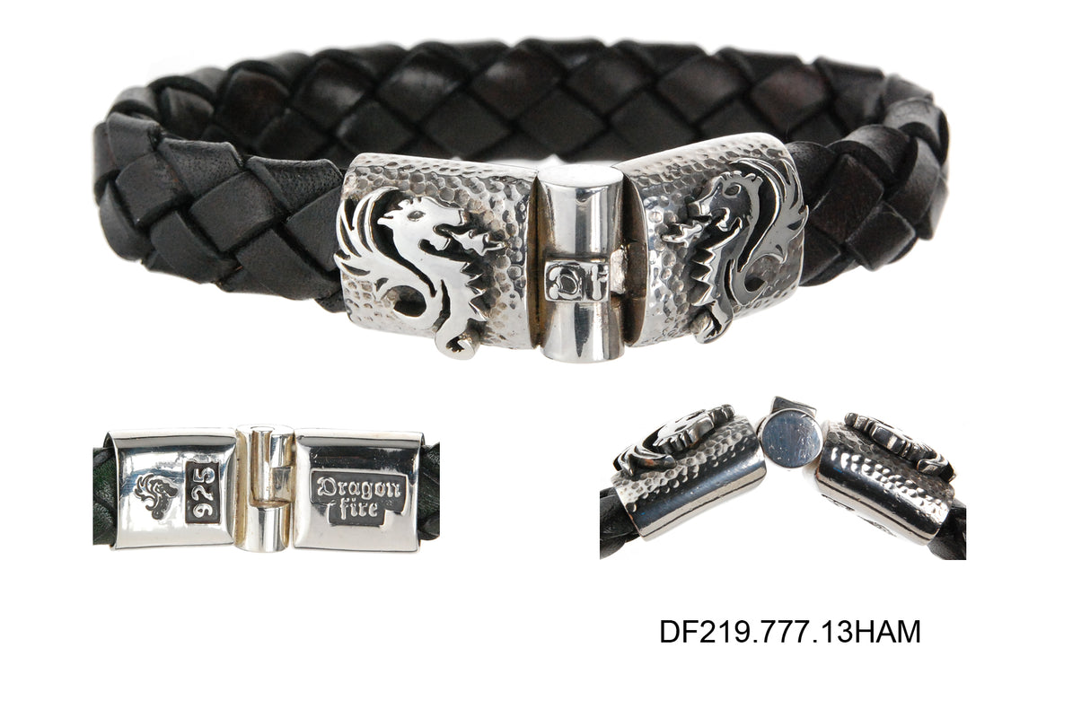 Silver Leather Bracelet DRAGON FIRE Jointlock Hammered 13