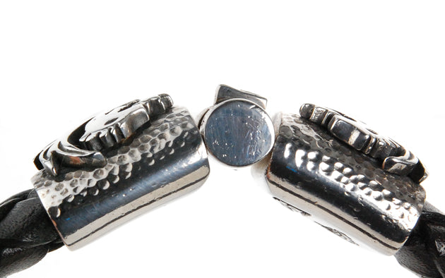 Silver Leather Bracelet DRAGON FIRE Jointlock Hammered 13