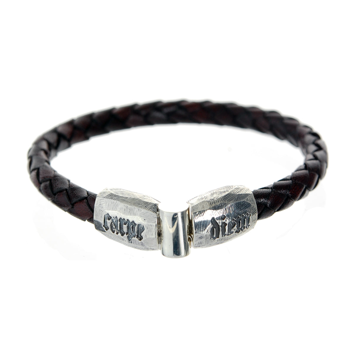 Silver Leather Bracelet CARPE DIEM Jointlock Faceted