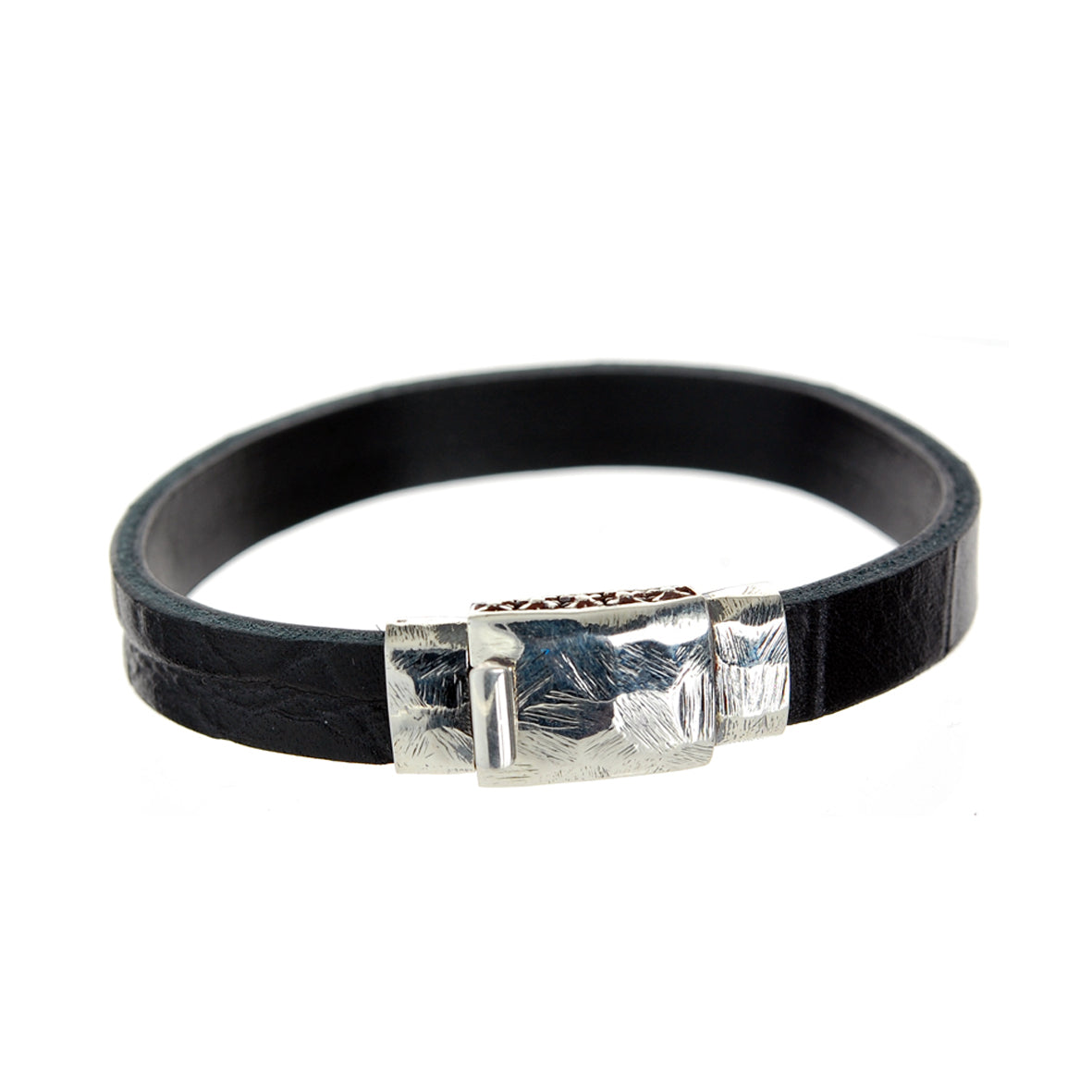 Silver-Leather Bracelet plain faceted  boxlock 10