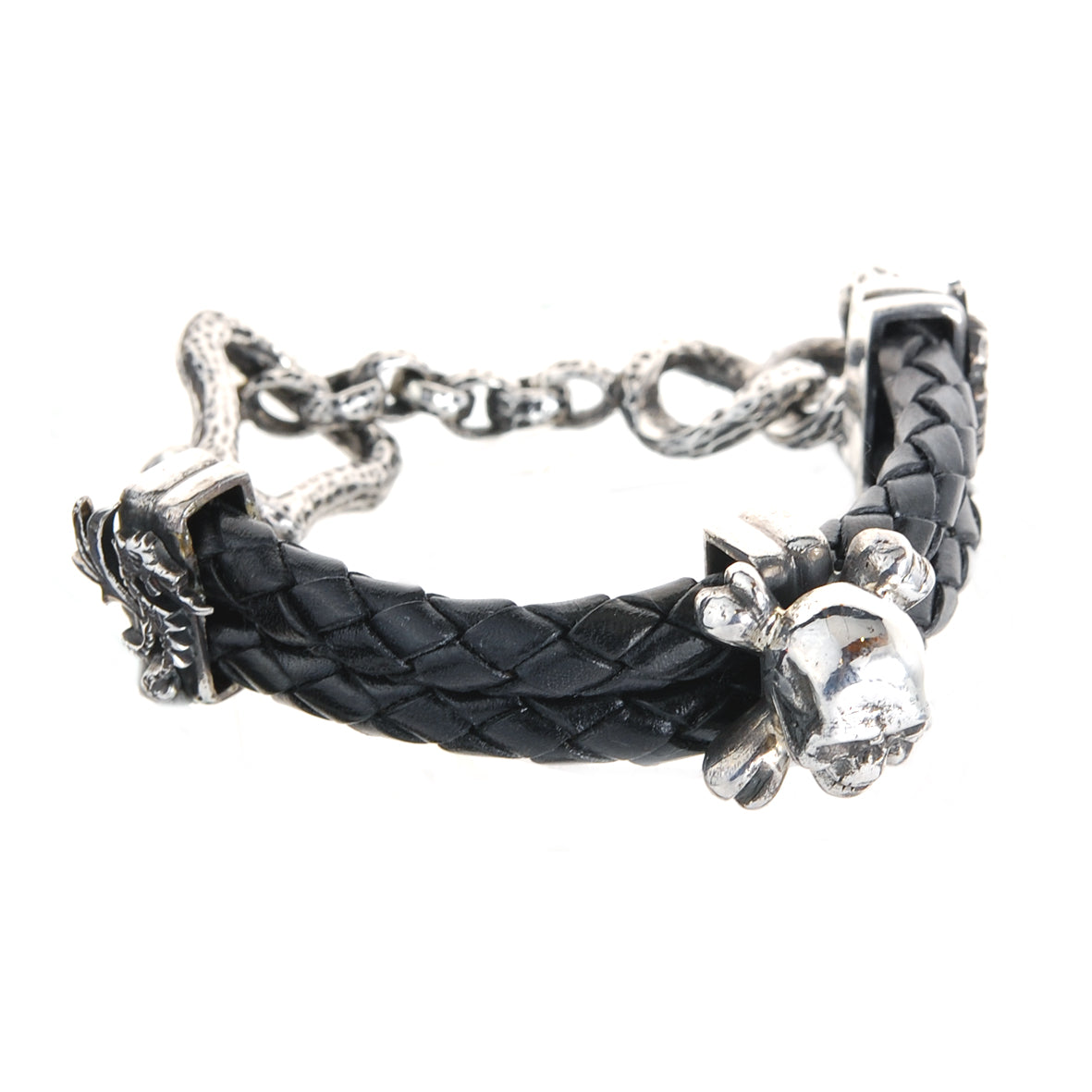 Silver Leather Bracelet SKULL and BONES with Stick and Loop 5
