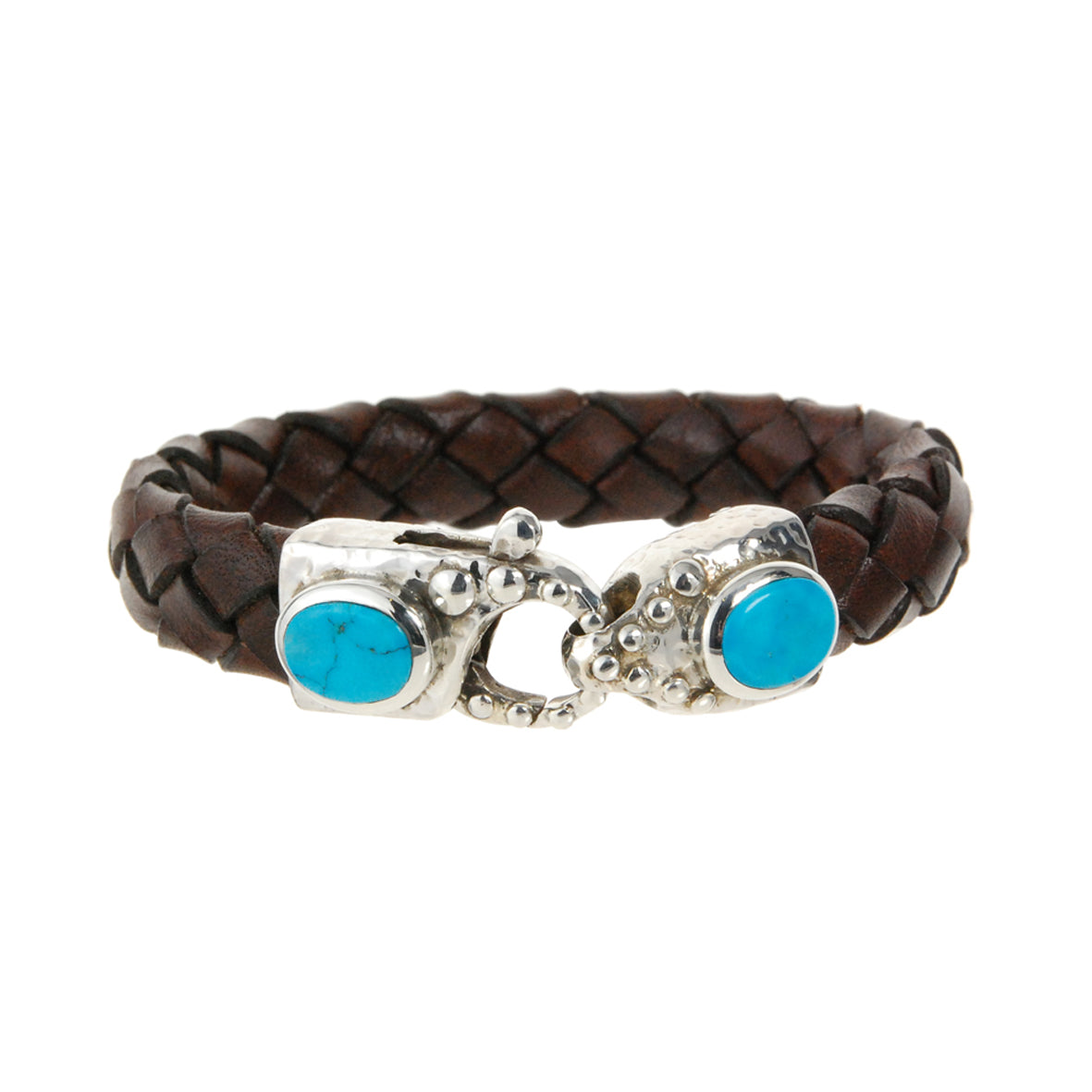 Silver-Leather Bracelet LOBSTER CLAW Hammered with Oval Stone 13