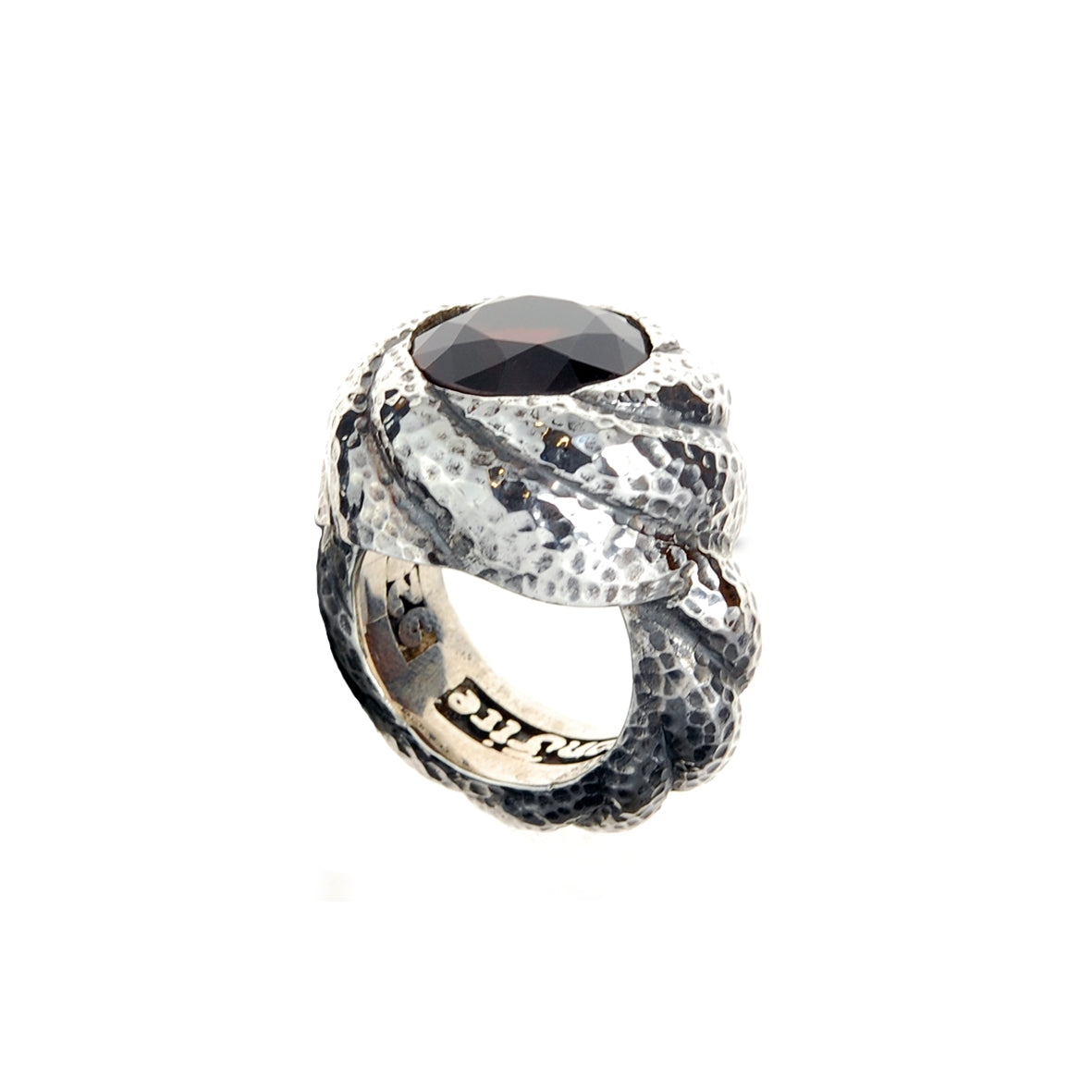 Silver Ring Hammered Spiral Band and Spiral Holder with Garnet