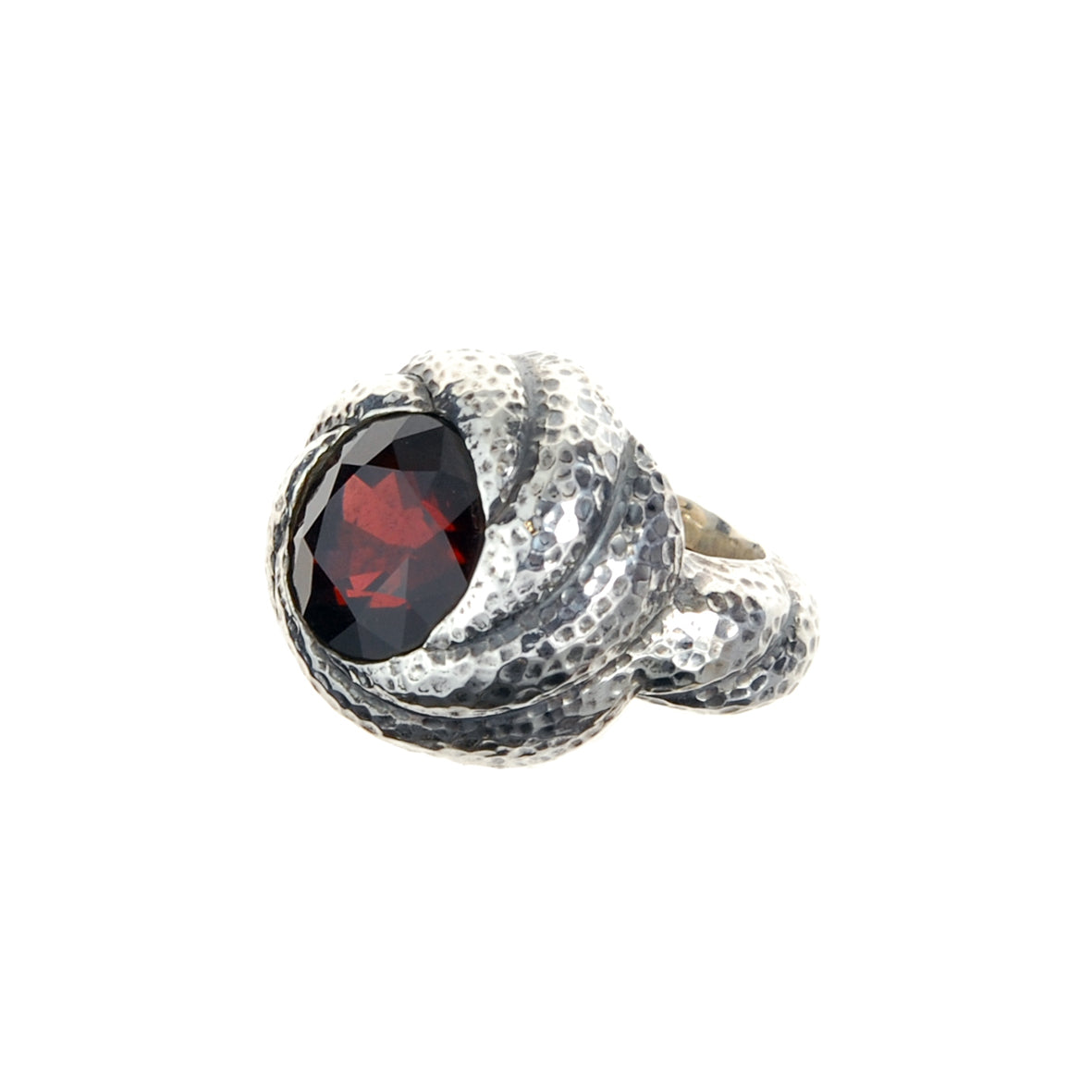 Silver Ring Hammered Spiral Band and Spiral Holder with Garnet