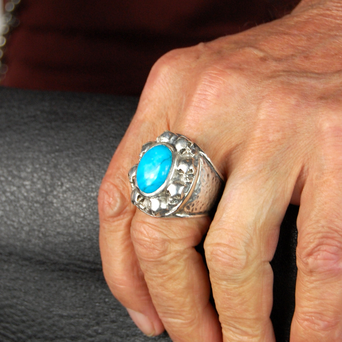Silver Ring Oval STONE with SKULL Frame