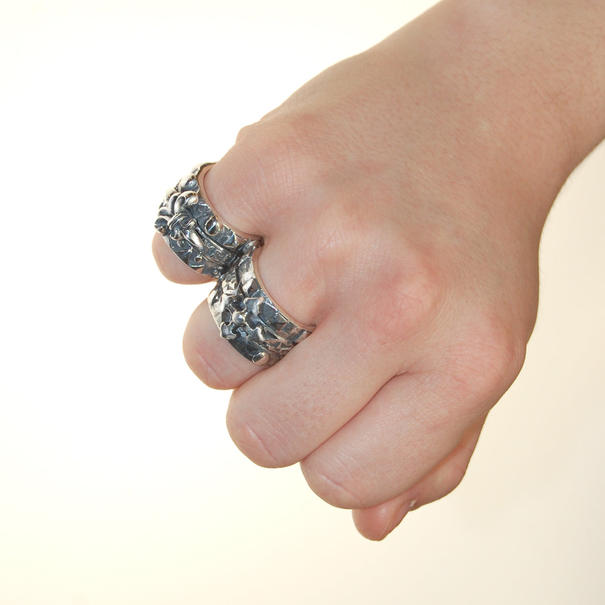Silver Ring Spiral with BLADES CROSS and Faceted Band Pyramides and Domes