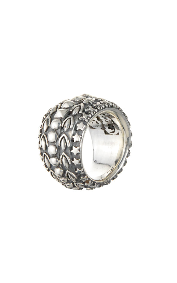 Silver Ring Solid Bands with GARDEN AT NIGHT and Stars