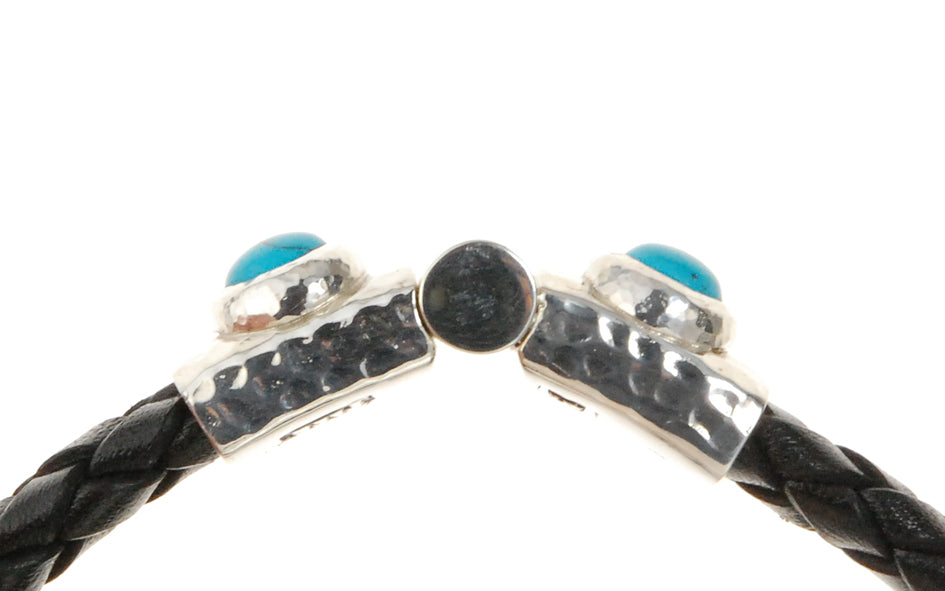 Silver Leather Bracelet Hammered Jointlock Round Turquoise 10