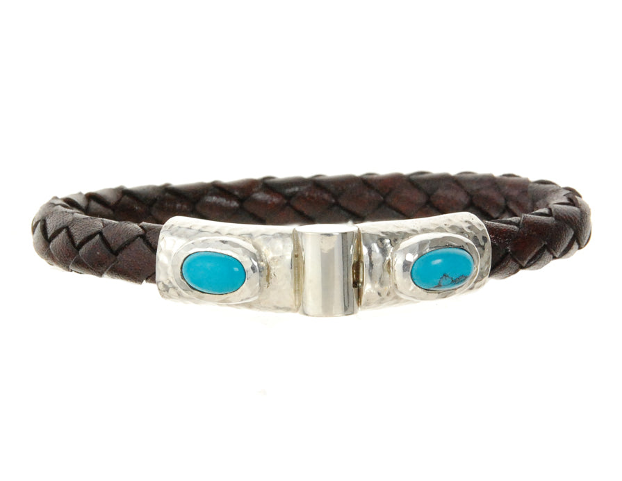 Silver Leather Bracelet Hammered Jointlock Oval Turquoise 7